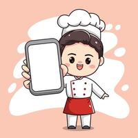 schattig chef jongen karakter met tonen smartphone vector