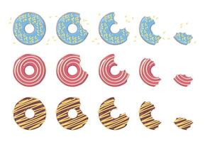 gebeten donut. tekenfilm ronde zoet deeg gebakken met room en glazuur, vlak gebakken gebakje met chocola karamel en hagelslag. geïsoleerd reeks vector