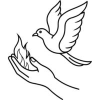 een doorlopend lijn tekening van vliegend duif met twee handen. vogel symbool van vrede en vrijheid in gemakkelijk lineair stijl vector