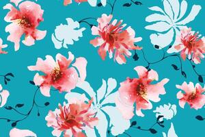 naadloos patroon van bloeiend bloemen geschilderd in waterverf Aan blauw achtergrond.voor kleding stof luxueus en behang, wijnoogst stijl.hand getrokken botanisch bloemen kleurrijk patroon. vector