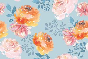 naadloos patroon van roos, bloeiend bloemen geschilderd in waterverf Aan blauw achtergrond.voor kleding stof luxueus en behang, wijnoogst stijl.hand getrokken botanisch bloemen kleurrijk patroon. vector