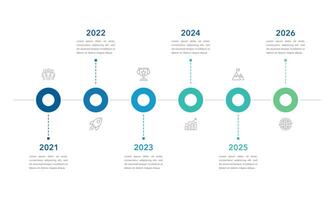 minimaal 6 stappen infographic tijdlijn sjabloon presentatie met circulaire elementen, pictogrammen en tekst dozen. vector