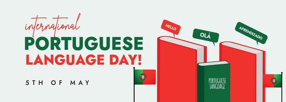Internationale Portugees taal dag. 5e mei Portugees taal viering dag met boeken in rood en groen kleuren en Portugees vlaggen en toespraak bubbels. Portugal taal Hoes banier vector
