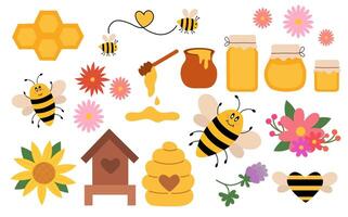 honing vlak reeks elementen, bijenteelt industrie. potten en pot, beer lepel. honingraten, bijenkorf. grappig bij. bloemen, zonnebloem. biologisch eco boerderij vers voedsel en bloemen. klem kunst . vector