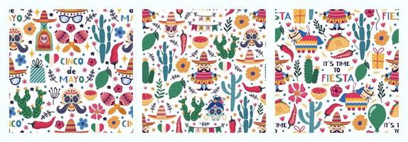 Mexico naadloos patronen set. carnaval viering - tequila, limoen, taco, suiker schedels, cactussen, bloemen, maracas, piñata, sombrero. feest, cinco de mayo vakantie Aan mei 5e. tekenfilm achtergronden vector