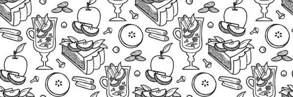 appel taart plak schets patroon. heerlijk zoet appel gebakjes. hand getekend taart, stempel en specerijen. achtergrond voor verpakking, papier, keuken interieur, menu ontwerp en merk. vlak illustratie. vector