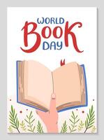 wereld boek dag poster. hand- is Holding boek. feestelijk uitnodiging achtergrond met bloemen patroon. hand- getrokken belettering. verticaal backdrop ansichtkaart, poster, tekst sjabloon. vlak illustratie. vector