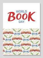 wereld boek dag poster. Open boek patroon met bloem bladeren. uitnodiging achtergrond voor lezers. hand- getrokken belettering. verticaal backdrop ansichtkaart, poster, sjabloon. vlak illustratie vector