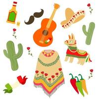 cinco de mayonaise aanvulling concept met tekenfilm illustratie. Daar zijn gitaar, hoed, cactus, piñata, Chili, Mexico vlag, tequila drankje, snor, en poncho. geïsoleerd achtergrond. vector