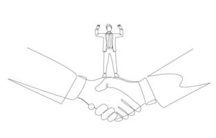 doorlopend een lijn tekening van verheugd zakenman staand Aan handdruk van twee groot zakenman, bemiddelaar in bedrijf onderhandeling concept, single lijn kunst. vector