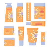zon veiligheid verzameling. buizen en flessen van zonnescherm producten met verschillend sp. room, lotion, lippenstift, spuiten. huid bescherming. vector