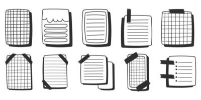 papier lakens sticker verzameling in comics stijl, tekening zwart en wit memo stickers. creatief journaling en notities maken illustratie. hand- getrokken elementen set. vector