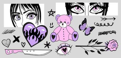 reeks van y2k roze meisjesachtig clip art. anime meisjes, RAM hoofd, hart manga retro y2k kawaii stijl. vector