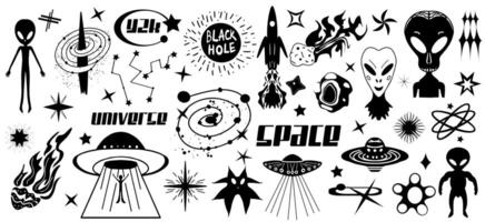 sci-fi pictogrammen set. ufo, ruimte, universum, toekomst. vliegend schotel, buitenaards wezen symbool, sterren, kometen. zwart silhouetten, tatoeëren stijl afdrukken voor t-shirts, logo element. illustratie vector