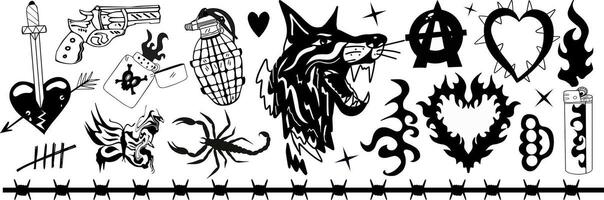 y2k jaren 2000 punk- grunge reeks elementen tattoo.gangster, dobermann, anarchie. oud school- tatoeage. illustratie vector