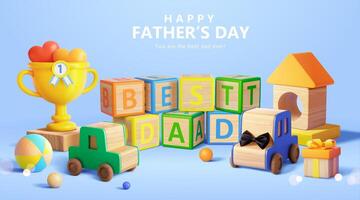 3d vader dag of verjaardag sjabloon. samenstelling van houten blok brieven, auto speelgoed, huis blokken en trofee. vector