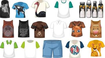 set van verschillende shirts en accessoires met dierenpatronen vector