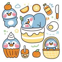reeks van schattig pinguïn divers poses in oranje concept.vogel dieren karakter tekenfilm design.fruit,cake,gebakken ei, bel melk thee hand- getekend.kind grafisch.kawaii.illustratie. vector
