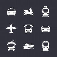 passagier vervoer pictogrammen set, bus, metro, tram, trein, taxi auto, vliegtuig, taxi, schip vector