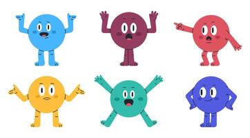 grappig cirkel karakters. meetkundig schattig ronde mascottes, grappig cirkel vormen met divers emoties vlak illustratie set. ronde mascottes met grappig gezichten vector