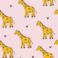 schattige doodle lijn giraffe met zwarte harten roze patroon naadloos voor kinderen. vector