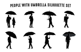 mensen met paraplu silhouetten verzameling, wandelen mensen onder paraplu silhouet zwart clip art reeks vector