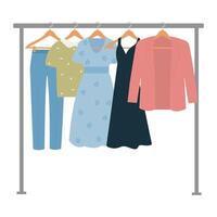 garderobe van kleren. Dames kleren hangende Aan hanger spoor.modern kleding, kledingstukken rij voor uitverkoop, liefdadigheid, voorraad. illustratie vector