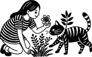 een zwart en wit tekening van een meisje en een kat vector