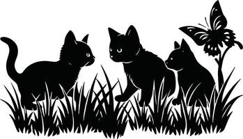 twee zwart katten spelen met vlinders in de gras vector
