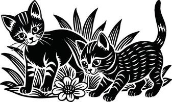 twee zwart katten spelen met vlinders in de gras vector