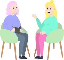 psychotherapie sessie - zwanger vrouw pratend naar psycholoog zittend Aan stoel. mentaal Gezondheid concept, illustratie in vlak stijl vector