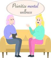 ansichtkaart psychotherapie sessie - zwanger vrouw pratend naar psycholoog zittend Aan bank. mentaal Gezondheid concept, illustratie in vlak stijl vector