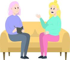 psychotherapie sessie - zwanger vrouw pratend naar psycholoog zittend Aan bank. mentaal Gezondheid concept, illustratie in vlak stijl vector
