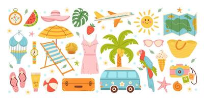reeks schattig zomer strand elementen. vakantie accessoires voor zee vakantie. tekenfilm illustratie vector