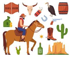 wild west pictogrammen, set. western en cowboy elementen. uithangbord, salon deur, gezocht poster, sheriff insigne, cactus, koe schedel, cowboy hoed, revolver, wagen. Texas symbolen. vector