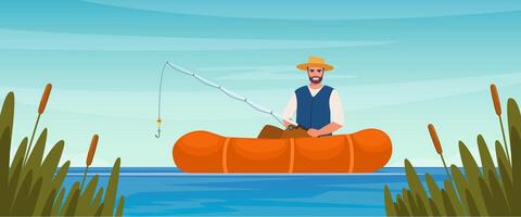 Mens vissen. visser Bij meer of rivier. Mens in hesje en hoed. vent aan het wachten voor vangst een vis. buitenshuis recreatie, vrije tijd tijd. vector