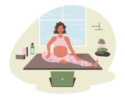 zwanger vrouw aan het doen yoga training Bij huis Aan laptop. moeder met buik beoefenen yoga opdrachten, pilates online. levensstijl, lichaamsverzorging concept. huis interieur met yoga elementen. illustratie vector