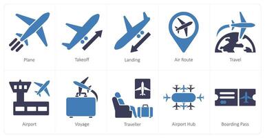een reeks van 10 luchthaven pictogrammen net zo vlak, opstijgen, landen vector