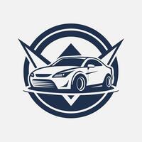 een auto het rijden in een circulaire beweging Aan een wit achtergrond, een minimalistische logo incorporeren elementen van industrieel ontwerp vector
