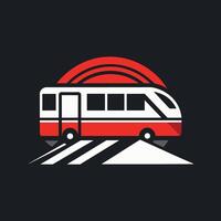 een rood en wit bus is gezien het rijden naar beneden een weg, presentatie van de beweging en kleuren van stedelijk vervoer, een minimalistische logo incorporeren elementen van industrieel ontwerp vector