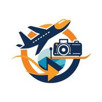 een modern camera en vliegtuig gepositioneerd binnen een circulaire vorming, een hedendaags ontwerp met een camera en vliegtuig grafisch symboliseert reizen avonturen vector