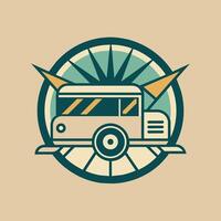 een bus is geparkeerd in de centrum van een cirkel in een stedelijk instelling, een minimalistische logo met een gestileerde silhouet van een voedsel vrachtauto vector