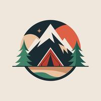 een tent gooide in de wildernis, omringd door bergen en bomen in de achtergrond, een minimalistische logo van een tent gooide in de wildernis, minimalistische gemakkelijk modern logo ontwerp vector