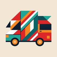 helder gekleurde vrachtauto afgebeeld in een vlak, gestileerde ontwerp, een abstract meetkundig ontwerp geïnspireerd door de levendig kleuren van een voedsel vrachtauto vector