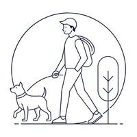 een Mens is ontspannen wandelen door de park met zijn hond, een minimalistische schets van een persoon wandelen een hond, minimalistische gemakkelijk modern logo ontwerp vector