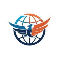 een vogel met Vleugels vliegend in de omgeving van een wereldbol in een modern logo ontwerp, een modern logo met een gestileerde wereld kaart en vliegend vogel, minimalistische gemakkelijk modern logo ontwerp vector