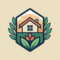 een huis is omringd door bladeren met een ander huis zichtbaar in de achtergrond, een minimalistische embleem vastleggen de essence van huis en tuin esthetiek vector