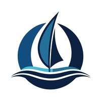 een zeilboot Aan water met een blauw zeil, een gemakkelijk, elegant logo met een gestileerde zeilboot silhouet vector