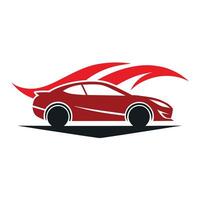 een rood auto met een rood vlam ontwerp Aan haar buitenkant, een minimalistische logo met een gestileerde fabriek silhouet vector