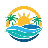 palm bomen staan hoog tegen een levendig zon reflecterend Aan een vredig lichaam van water, strand of kust logo in gemakkelijk zon en oceaan vorm vector